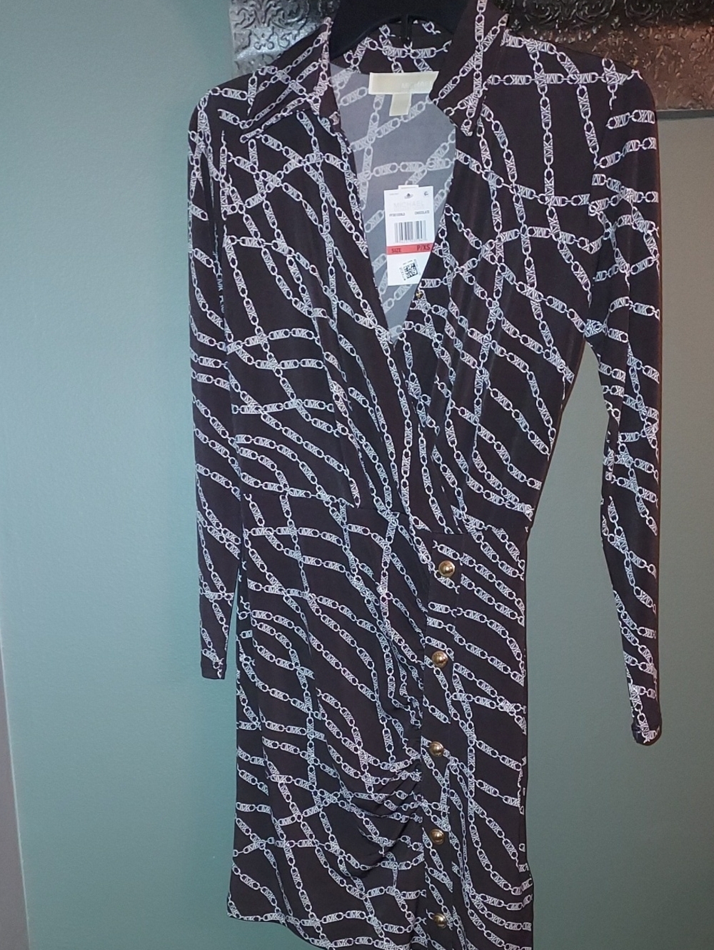 Michael Kors Chocolate Long-Sleeve Chain-Print Wrap Dress